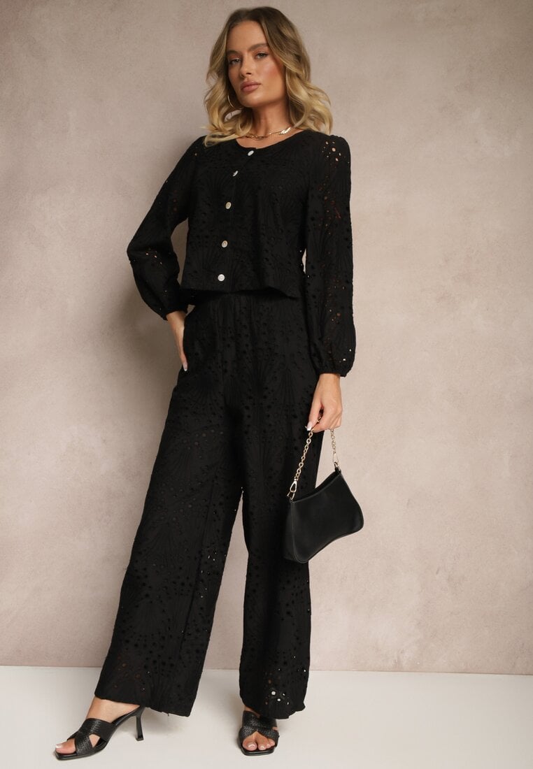 Czarne Szerokie Spodnie z Ażurowej Tkaniny z Wysokim Stanem Siledis