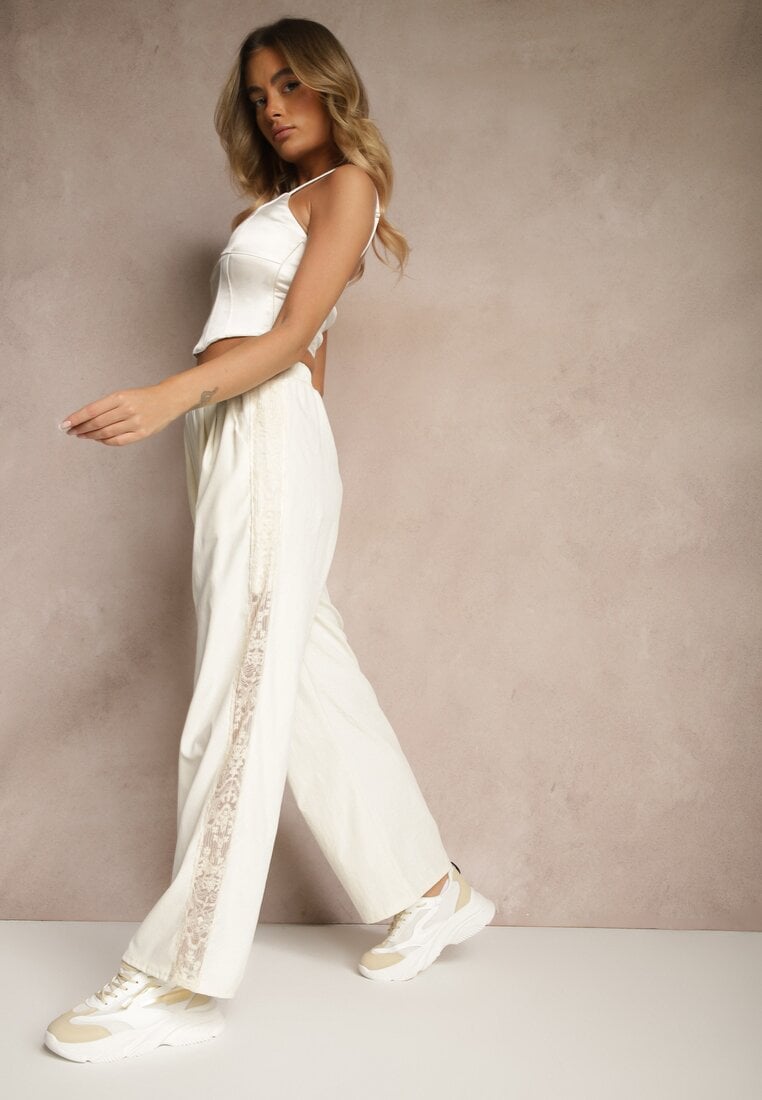 Jasnobeżowe Szerokie Spodnie z Bawełną High Waist Ozdobione Koronką Efandiela