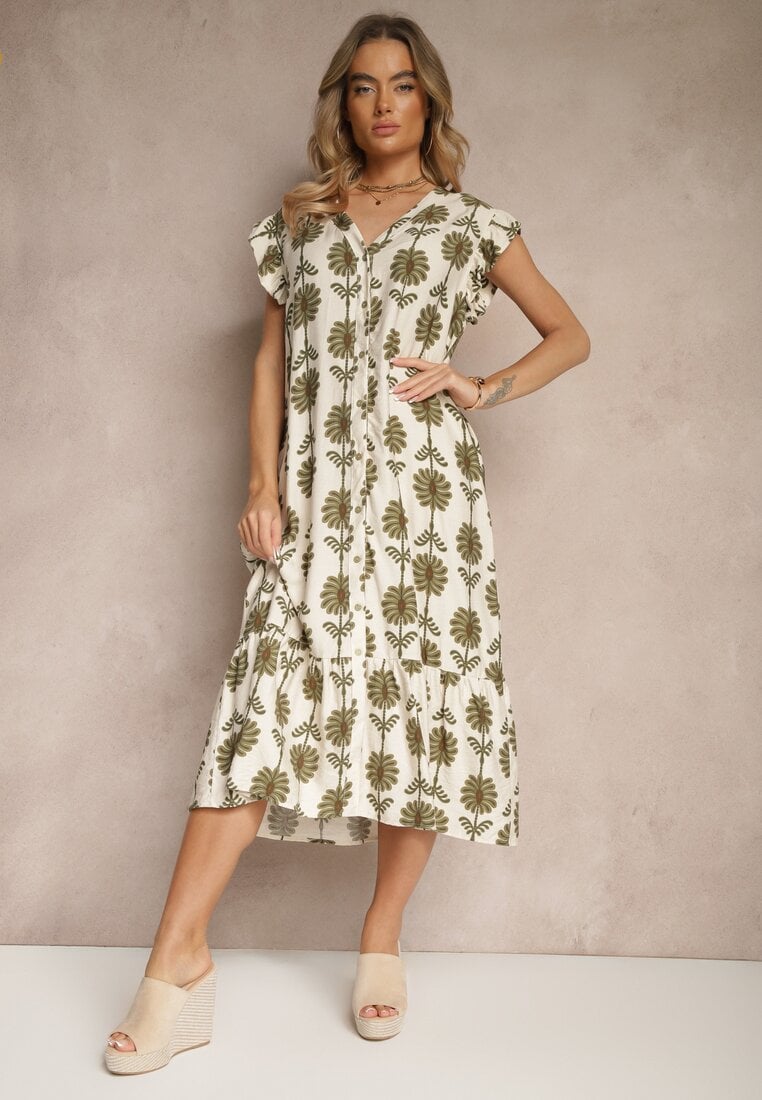 Biało-Zielona Rozkloszowana Sukienka w Kwiaty z Bawełną Efalithea