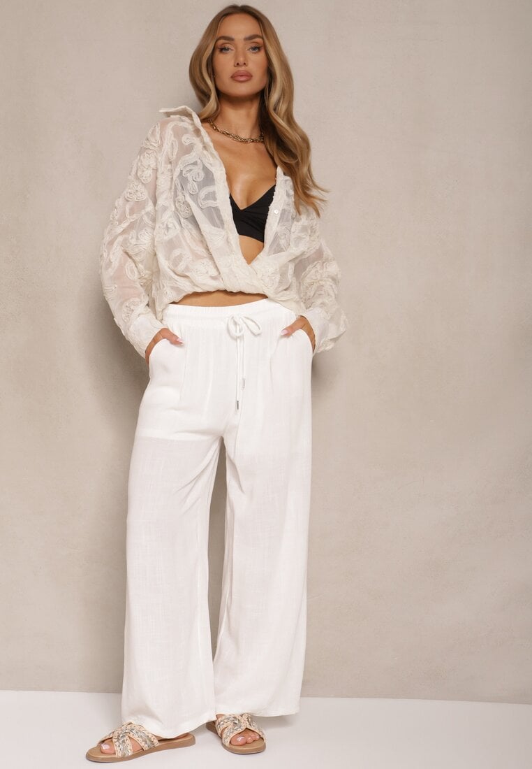 Białe Spodnie z Bawełny o Prostych Nogawkach z Gumką i Sznurkiem w Pasie Efrara