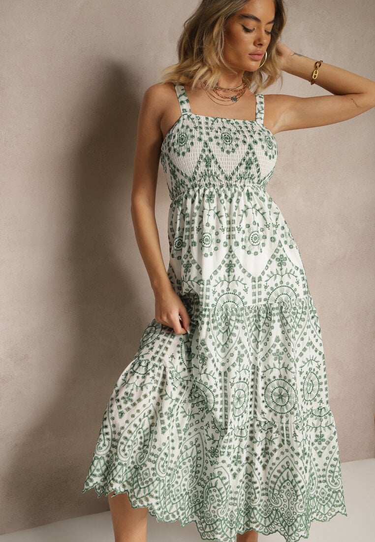 Zielono-Biała Sukienka z Bawełny z Haftowanym Wzorem Sadiralle