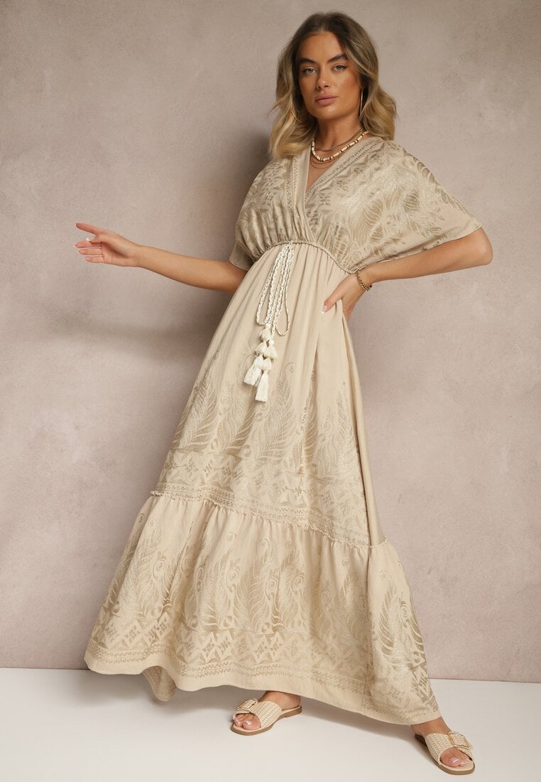 Beżowa Wiskozowa Sukienka Boho o Kopertowym Kroju z Metalicznym Haftem Redeselle