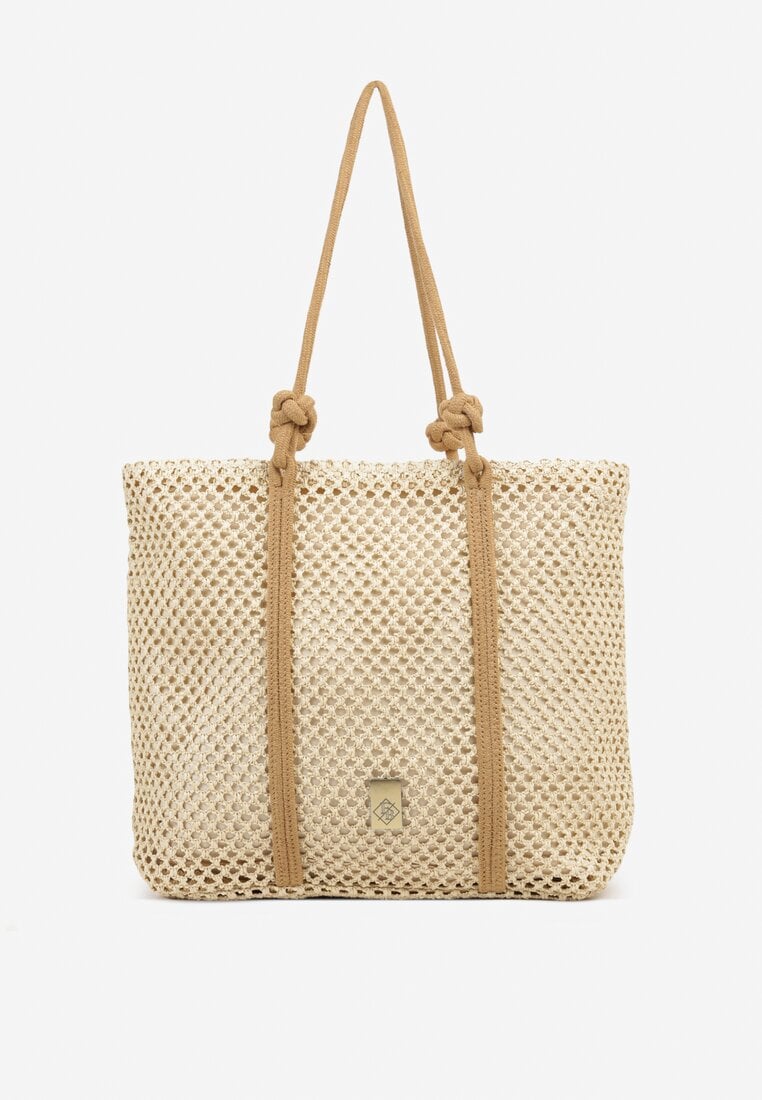 Beżowa Torebka Typu Shopper z Plecionki Reviane
