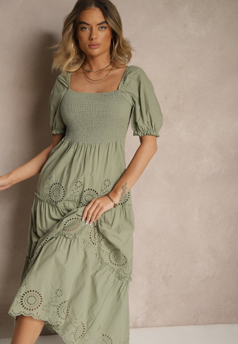 Zielona Sukienka z Bawełny Ozdobiona Haftem Iffirina