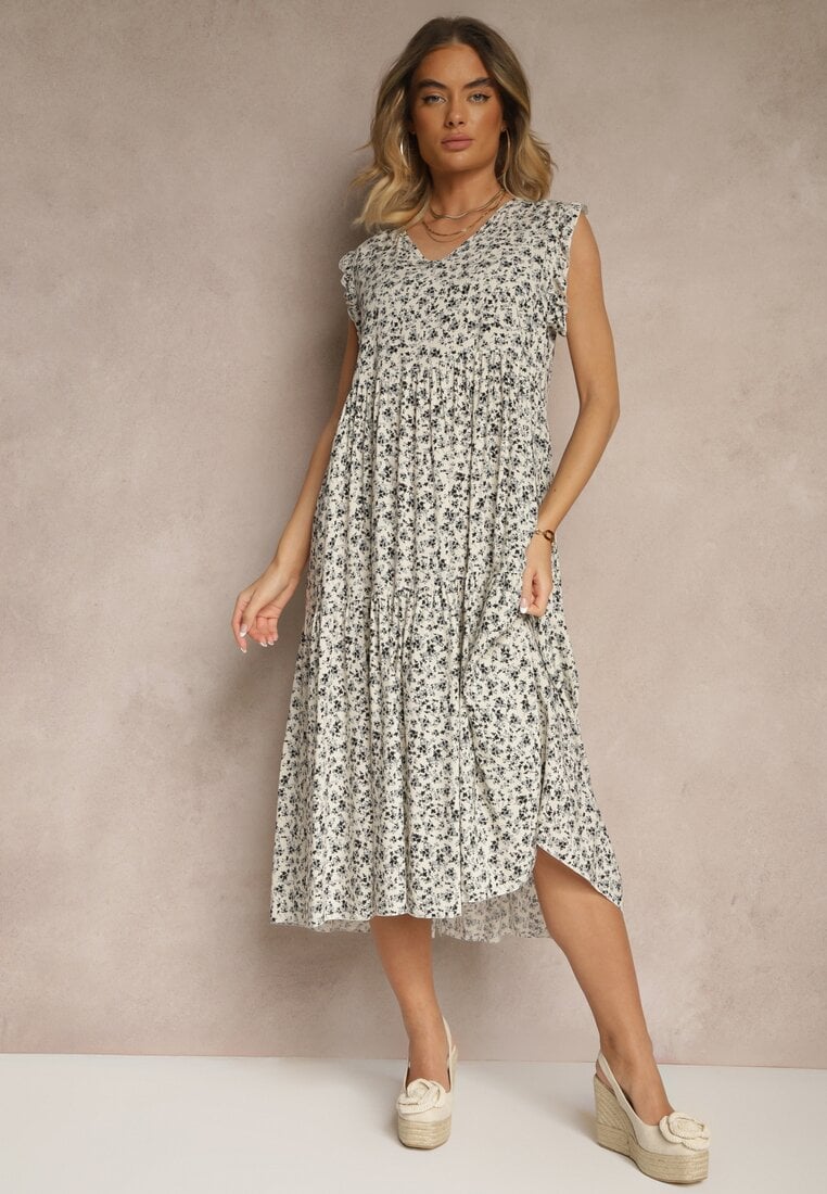 Beżowo-Granatowa Rozkloszowana Sukienka z Bawełny z Dekoltem w Serek Zdobiona Falbanami Iffilara