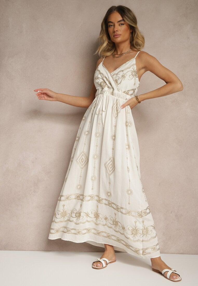 Biała Wiskozowa Sukienka o Rozkloszowanym Kroju na Ramiączkach z Haftem Uloranelia