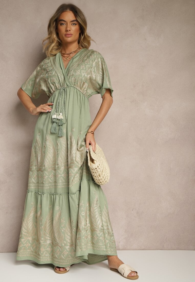 Zielona Wiskozowa Sukienka Boho o Kopertowym Kroju z Metalicznym Haftem Redeselle