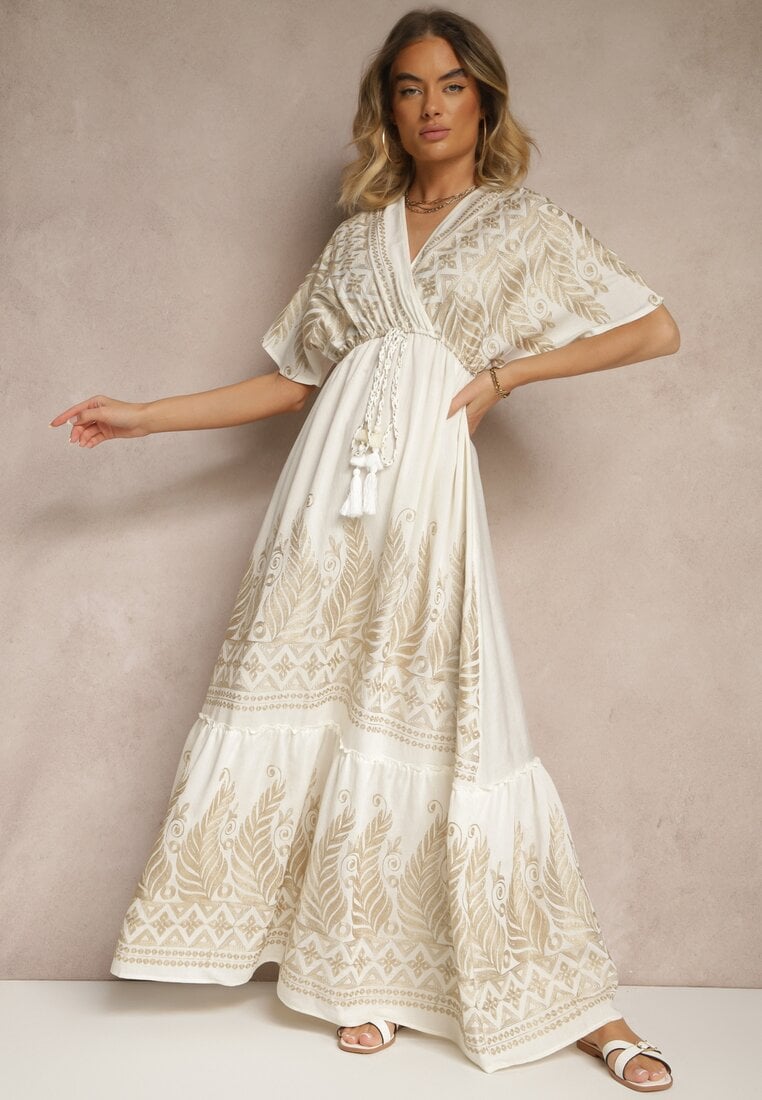 Biała Wiskozowa Sukienka Boho o Kopertowym Kroju z Metalicznym Haftem Redeselle