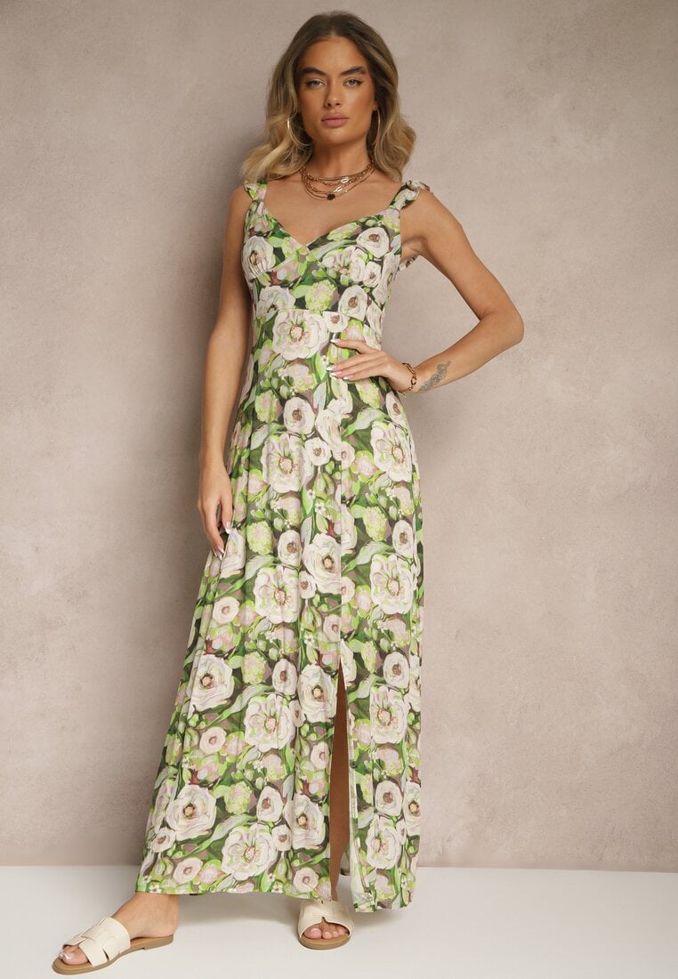 Zielono-Beżowa Wiskozowa Sukienka o Rozkloszowanym Kroju w Kwiaty Redalie