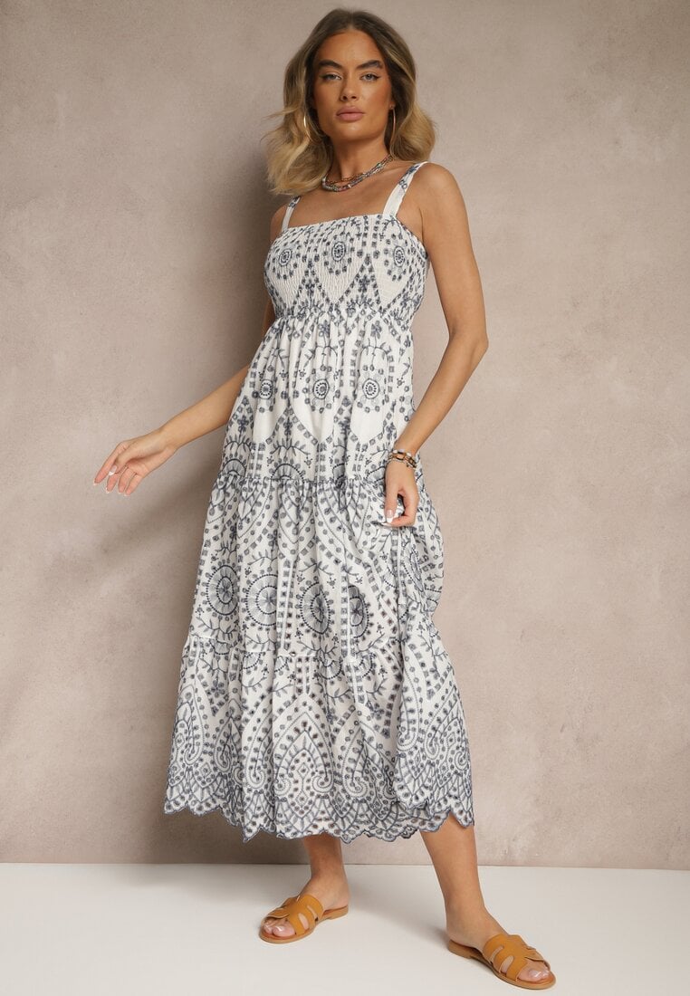 Granatowo-Biała Sukienka z Bawełny z Haftowanym Wzorem Sadiralle