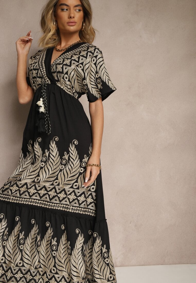 Czarna Wiskozowa Sukienka Boho o Kopertowym Kroju z Metalicznym Haftem Redeselle