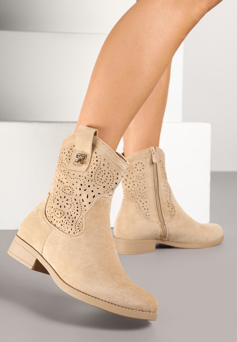 Ciemnobeżowe Botki Kowbojki Ażurowe Efaliria