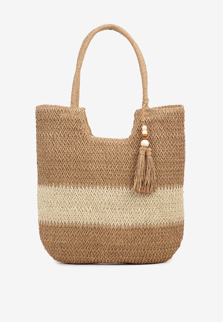 Ciemnobeżowa Pleciona Torebka z Frędzlem w Stylu Boho Rineriela