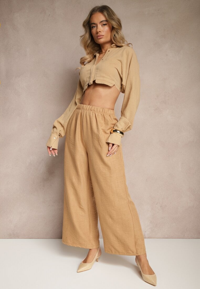 Ciemnobeżowe Spodnie Typu Palazzo High Waist o Szerokim Kroju Arathira
