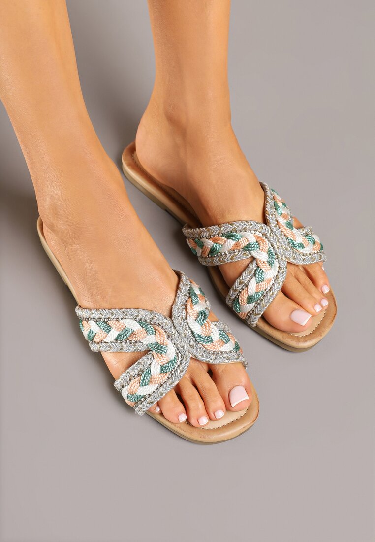 Zielono-Beżowe Klapki Ozdobione Geometrycznym Wzorem Galirena