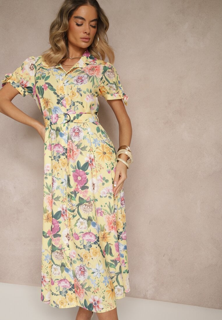 Żółta Koszulowa Sukienka w Kwiaty o Rozkloszowanym Fasonie z Paskiem Fevalirra
