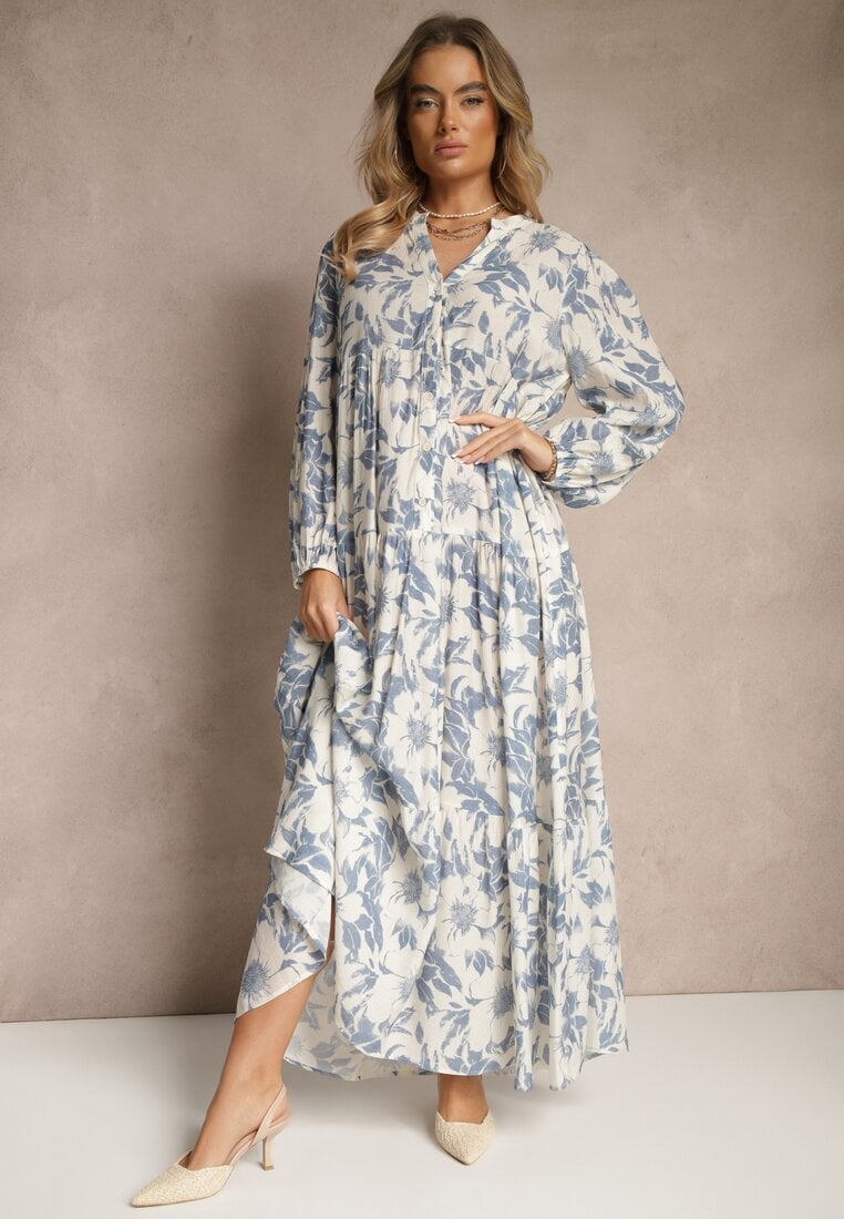 Niebieska Rozkloszowana Sukienka z Bawełny w Kwiatowy Wzór Efalora