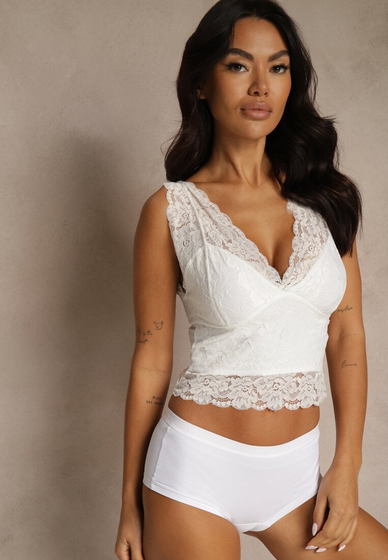 Biały Bieliźniany Top z Koronki z Dekoltem w Kształcie Litery V Nitorea