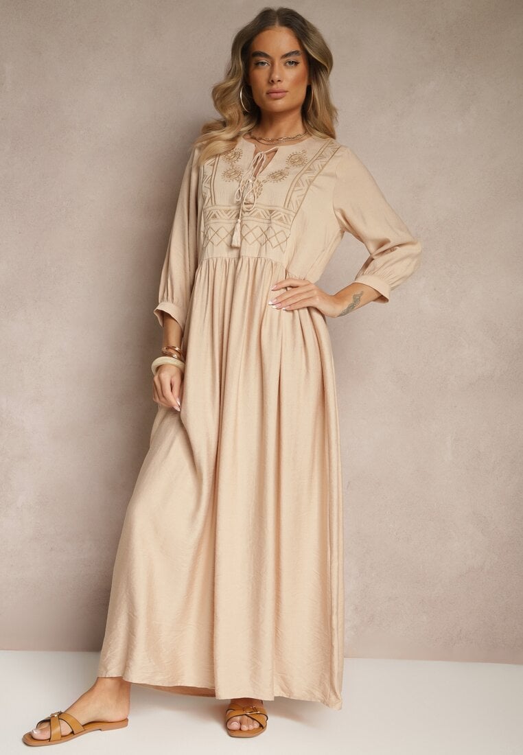 Beżowa Sukienka z Wiskozy Ozdobiona Haftem Galionetia