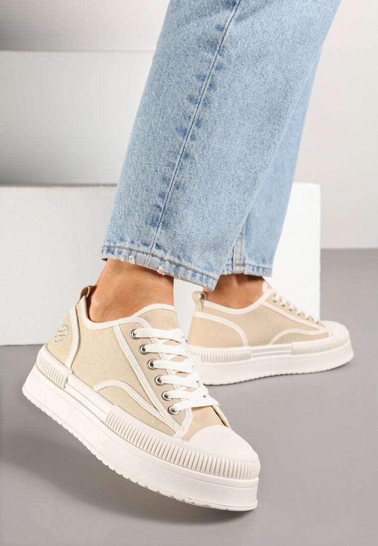 Ciemnobeżowe Trampki na Platformie z Metaliczną Ozdobą Afleeria