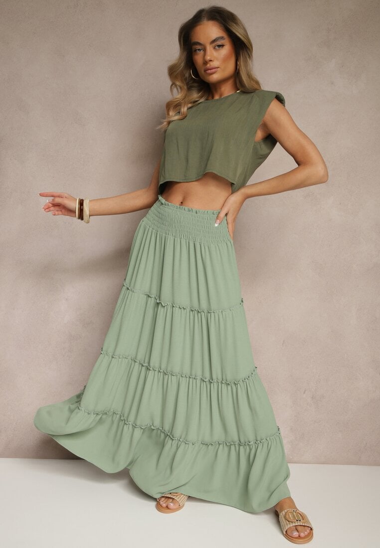 Zielona Rozkloszowana Spódnica z Gumką w Talii Zdobiona Falbanami Dovinelle