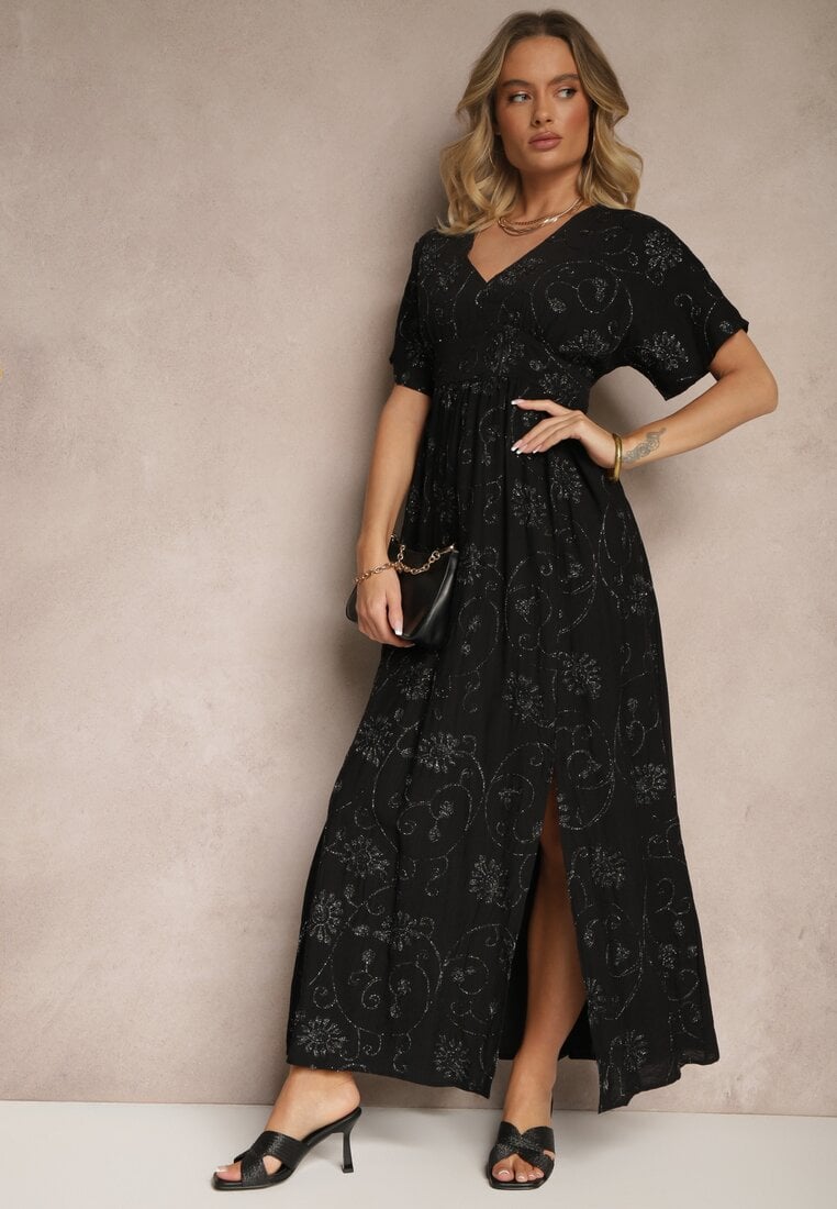Czarna Sukienka z Wiskozy Ozdobiona Haftem i Metaliczną Nicią Ivelvesa
