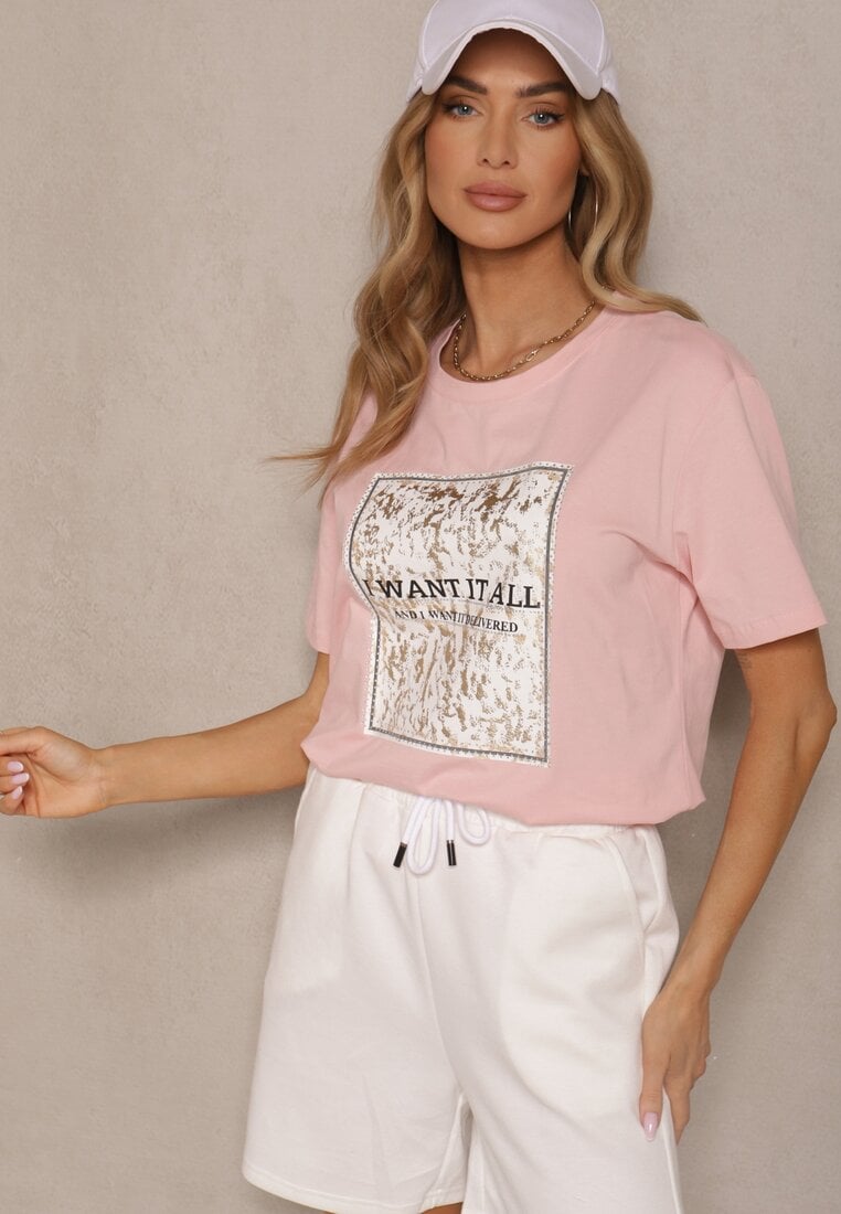 Różowy T-shirt z Bawełny z Nadrukiem Tellanis