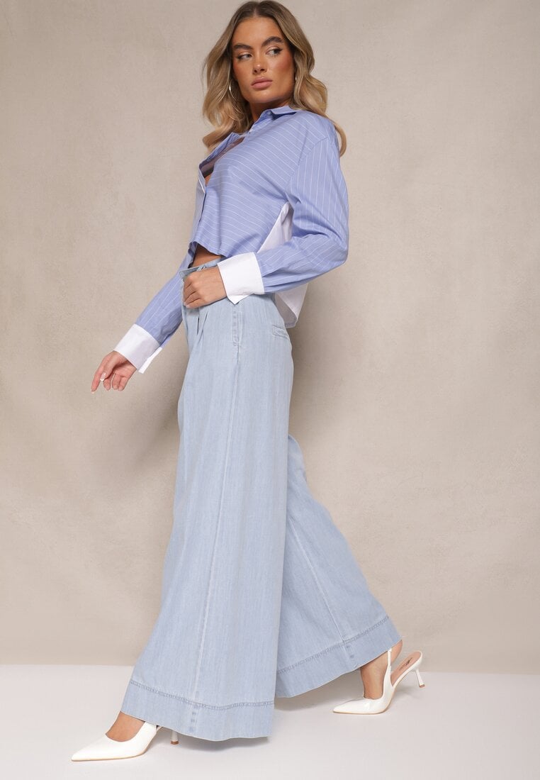 Jasnoniebieskie Szerokie Jeansy z Bawełny High Waist Cohna