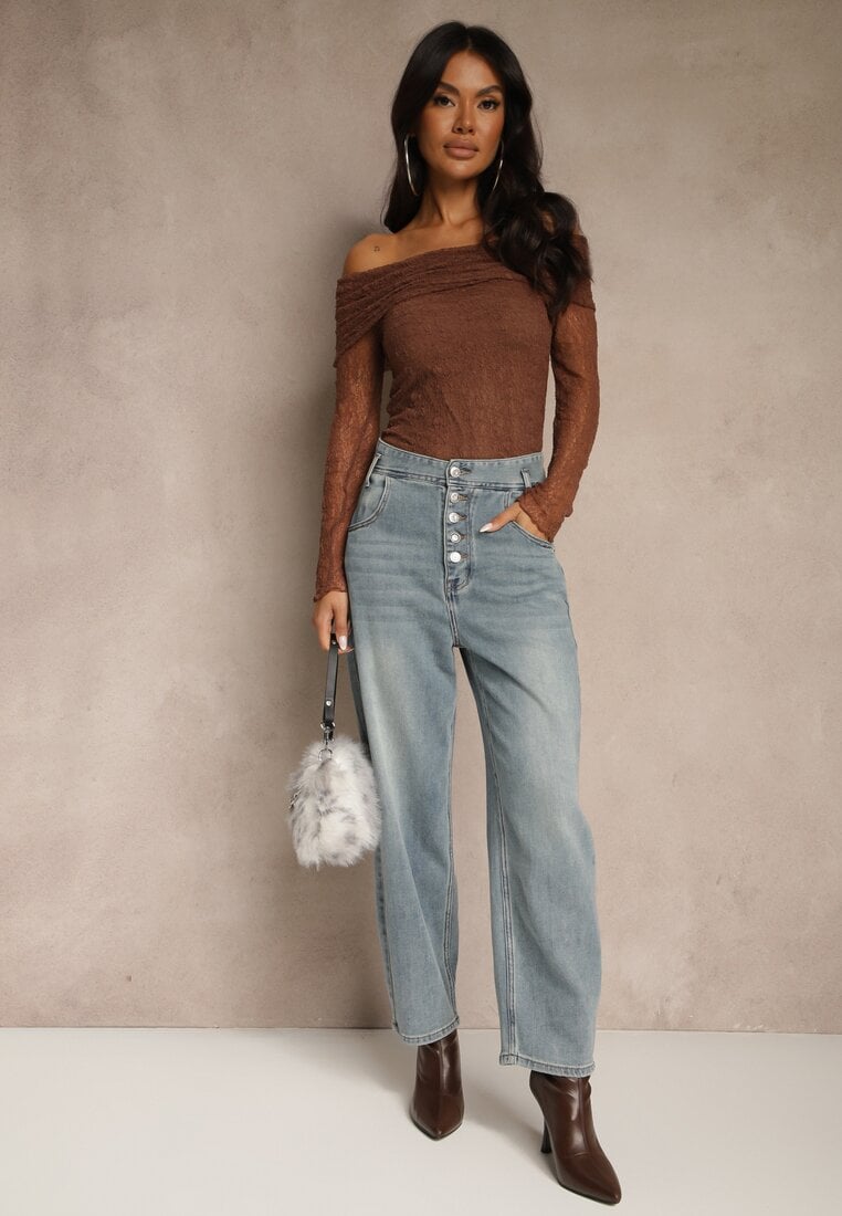 Niebieskie Jeansy High Waist z Bawełną o Kroju Mom Fit Efalina