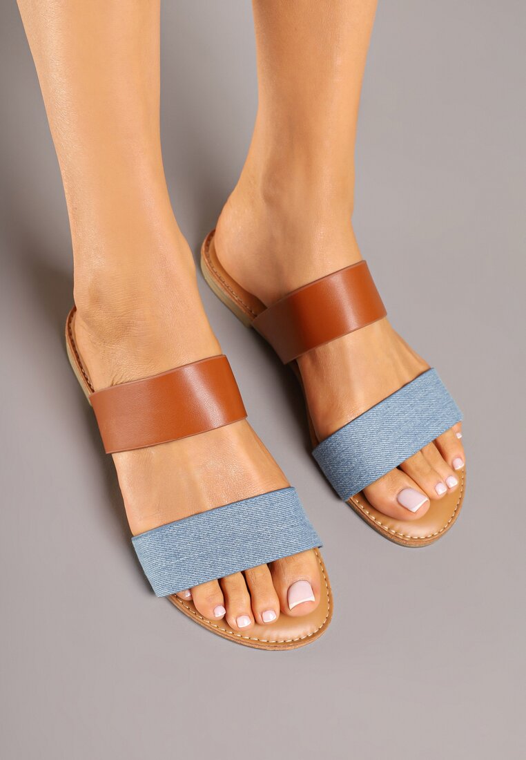 Niebieskie Casualowe Klapki na Płaskiej Podeszwie z Dwoma Paskami Denelie