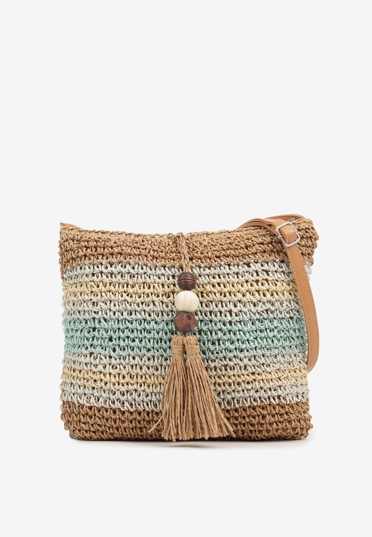 Beżowo-Niebieska Pleciona Torebka z Koralikami i Frędzlami Ardells