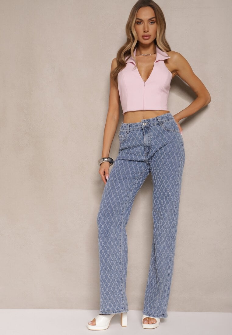 Niebieskie Jeansy z Bawełny High Waist o Szerokim Kroju w Romby Tuvielle
