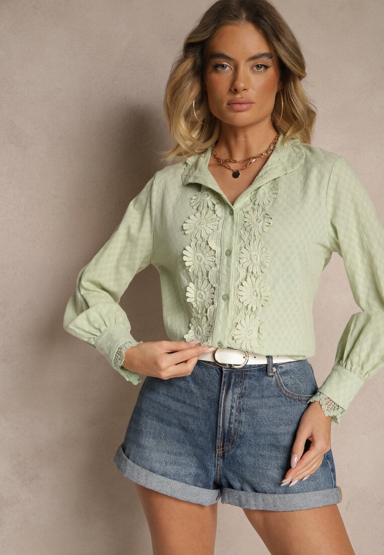 Zielona Koszula z Koronką i Kołnierzem Ranamas