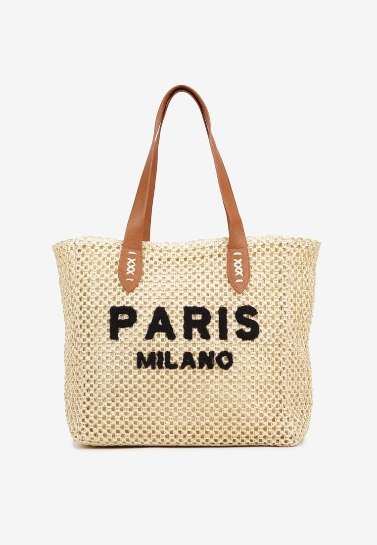 Beżowa Pleciona Torebka Shopper Ozdobiona Napisem Navinta