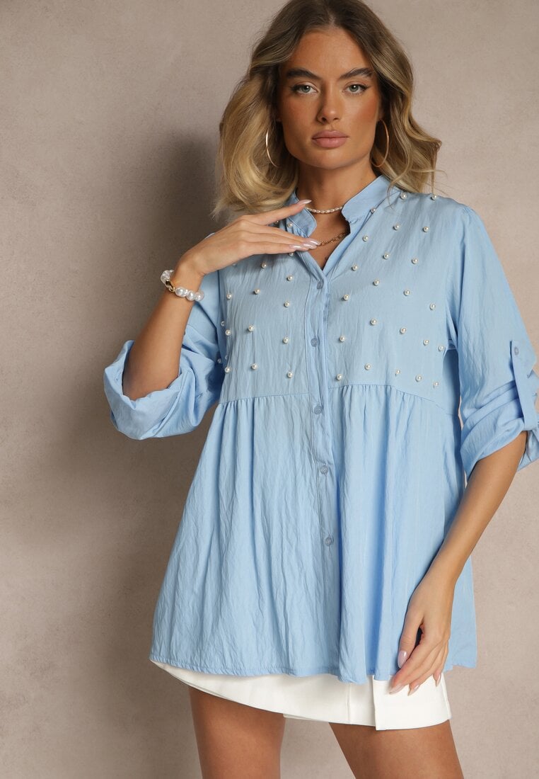 Jasnoniebieska Koszula z Wiskozą i Perełkami Tanathiel