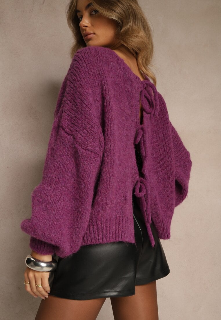 Fioletowy Kardigan z Wełną o Kroju Oversize z Wiązanymi Kokardami Elearina