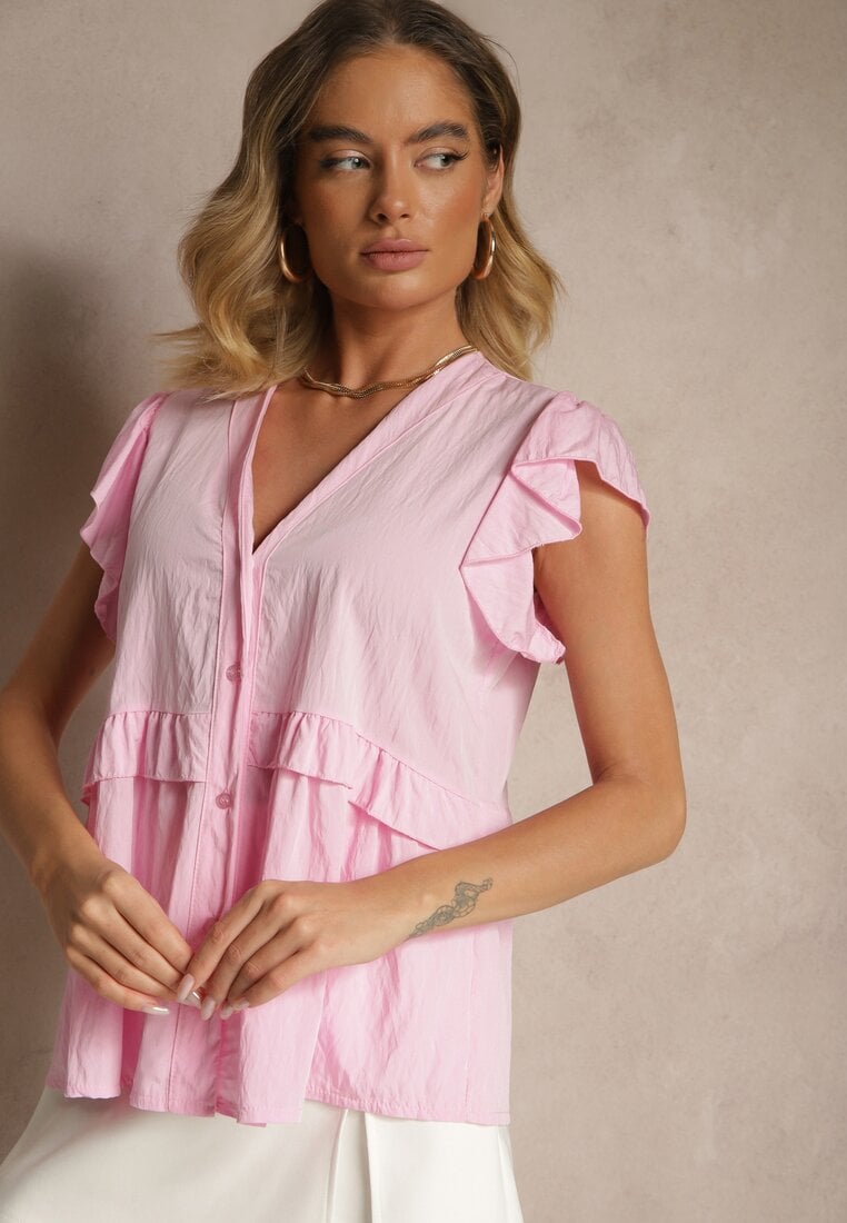 Różowa Koszula z Wiskozą Zdobiona Falbankami z Dekoltem w Serek Alisetta