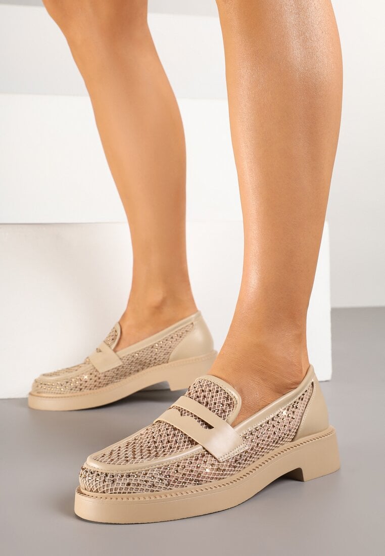 Ciemnobeżowe Mokasyny przed Kostkę Ozdobione Cyrkoniami i Siateczką Senareth