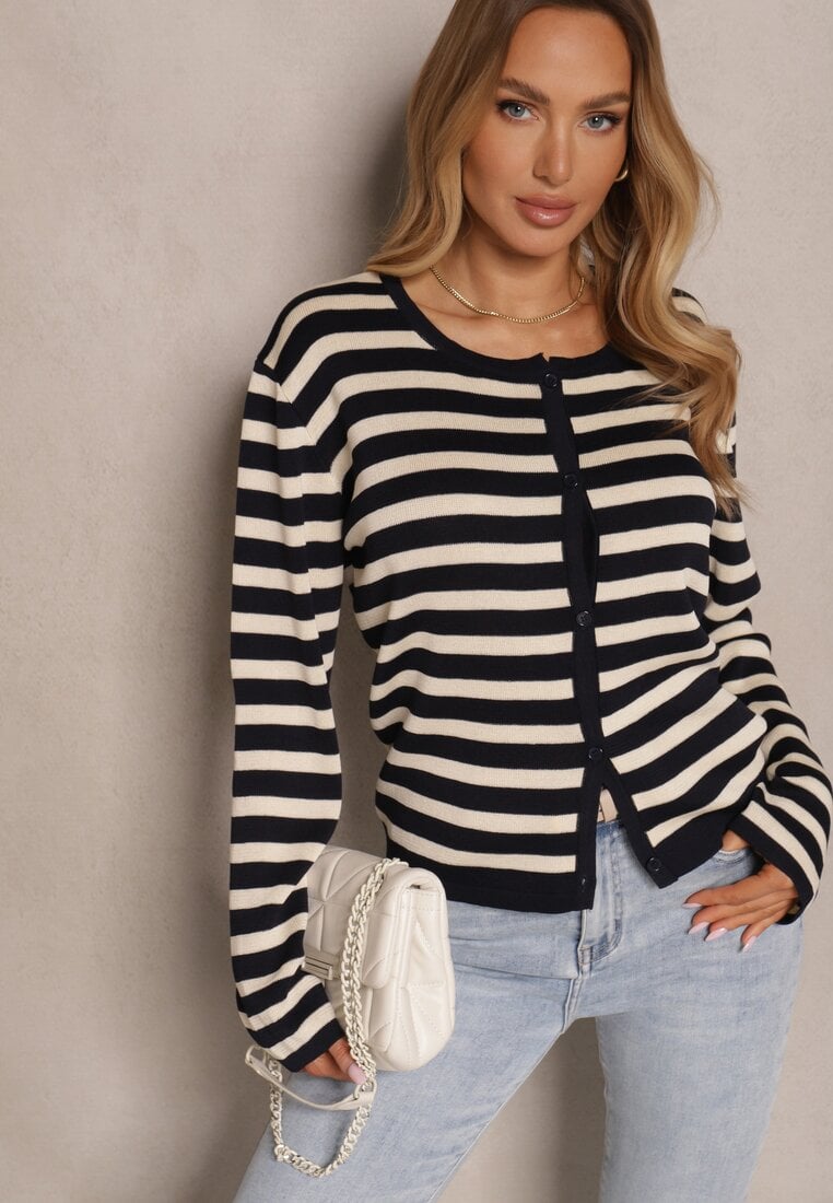 Granatowy Kardigan z Wiskozą o Klasycznym Kroju w Prążki Nolreis