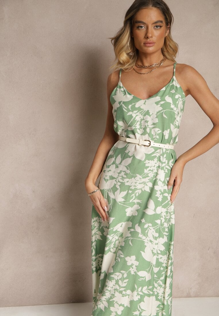 Zielono-Kremowa Sukienka z Wiskozą o Rozkloszowanym Kroju w Kwiaty Thirimi