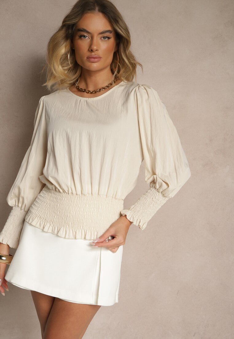 Jasnobeżowa Bluzka z Wiskozą Ozdobiona Ściągaczami Tosara