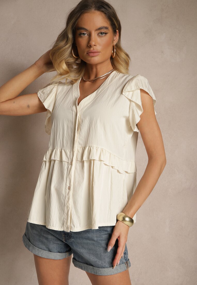 Jasnobeżowa Koszula z Wiskozą Zdobiona Falbankami z Dekoltem w Serek Alisetta