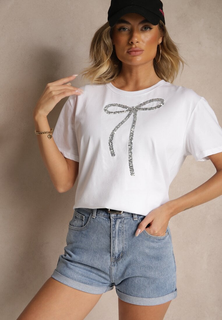Biały Bawełniany T-shirt z Cekinową Aplikacją w Kształcie Kokardy Tenuria