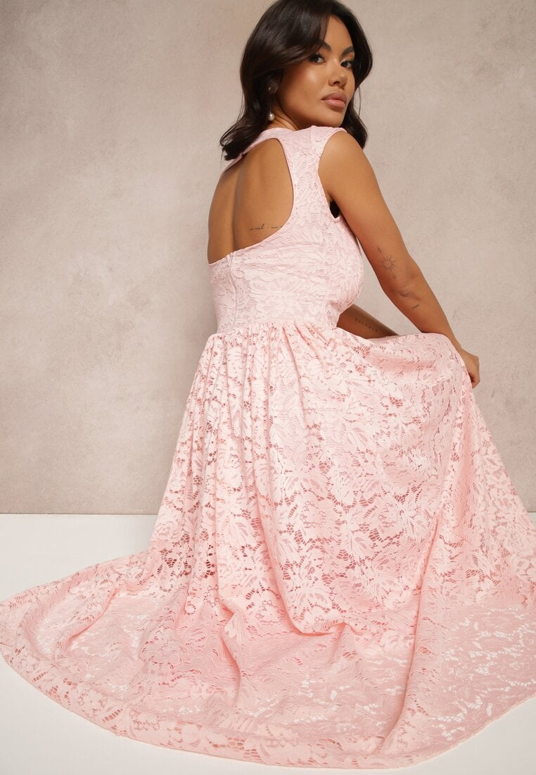 Różowa Rozkloszowana Sukienka z Koronki z Wycięciem na Plecach Meltewia