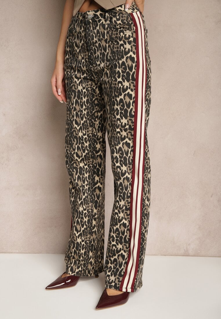 Beżowo-Brązowe Szerokie Bawełniane Jeansy z Lampasami Anilora