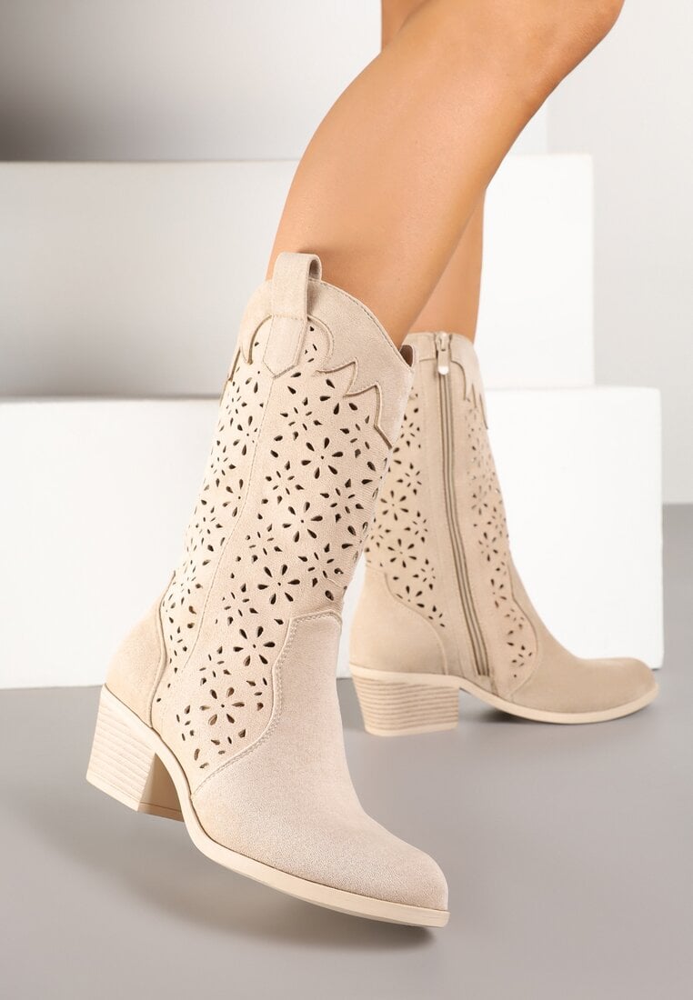 Ciemnobeżowe Botki Kowbojki na Słupku z Ażurową Cholewką Ravsemi