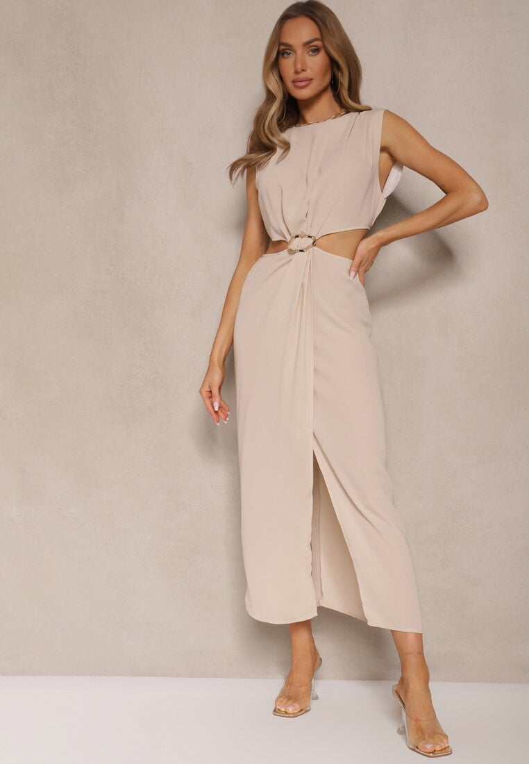 Beżowa Sukienka z Rozkloszowanym Dołem Ozdobiona Wycięciami w Talii i Metalicznym Detalem Galanissa