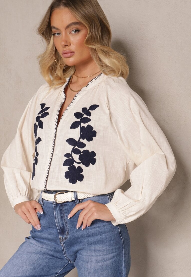 Beżowa Koszula z Bawełny o Kroju Oversize Ozdobiona Haftem w Kwiaty Felvesia
