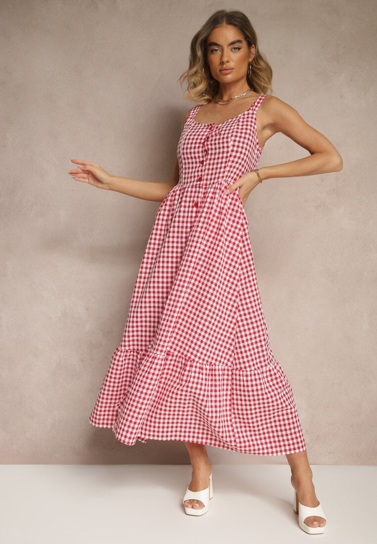 Czerwona Sukienka w Kratkę Vichy z Guziczkami Lenivelle