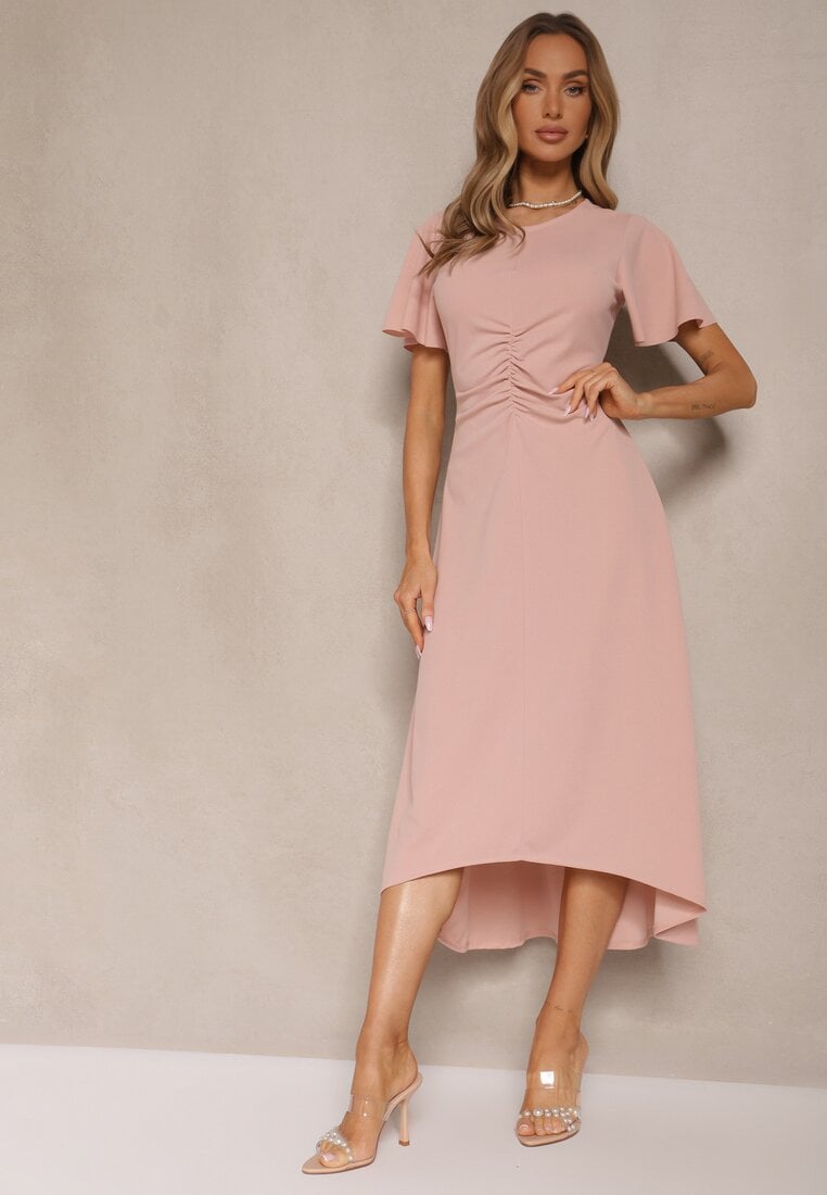 Różowa Sukienka o Rozkloszowanym Kroju z Marszczeniem Odarene